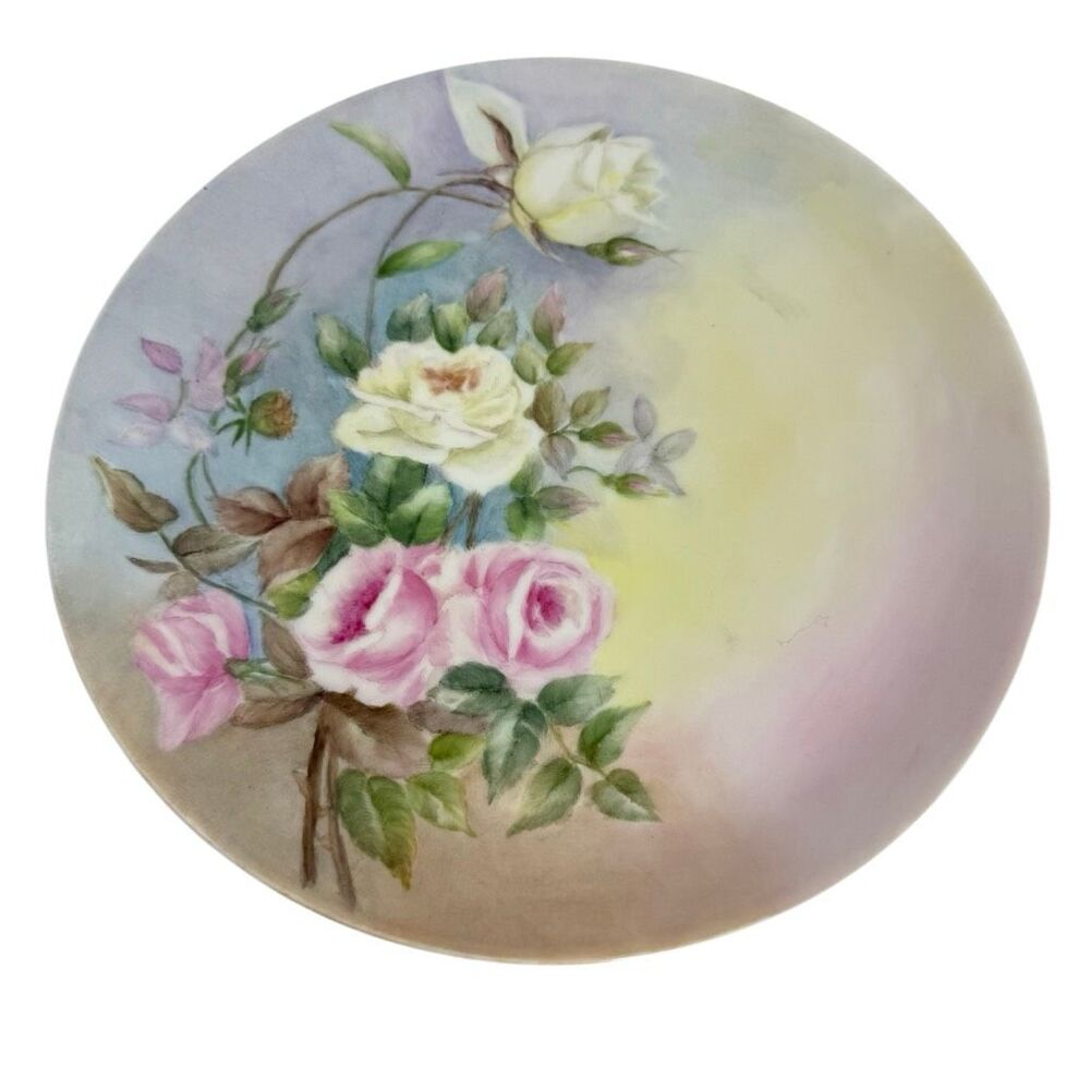 Antique Hand Painted Roses Porcelain Plate Signed J. Flores MadeIn Germany 10.5”